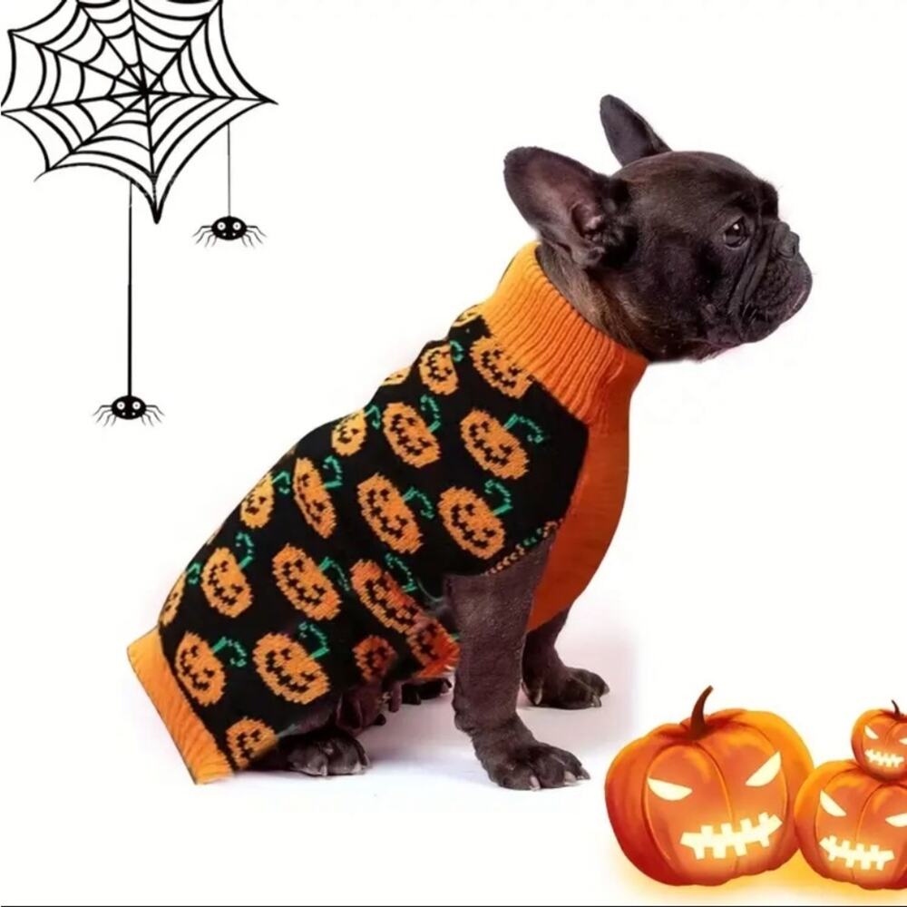 Halloween Pumpkin Dog Sweater Size XS Knit Orange Black Jack O Lantern